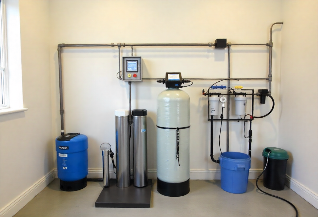The water conservation system in the floral studio, showing water collection and filtration equipment