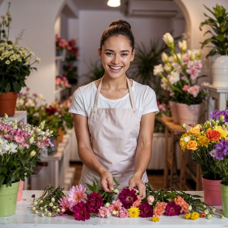 A florist practicing sustainable floristry techniques